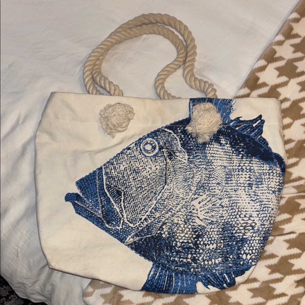 Nautical Canvas Tote with Blue Fish Design